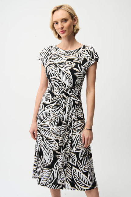 SILKY KNIT PRINT FIT AND FLARE DRESS WITH BOAT NECKLINE