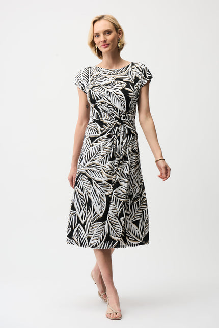 SILKY KNIT PRINT FIT AND FLARE DRESS WITH BOAT NECKLINE