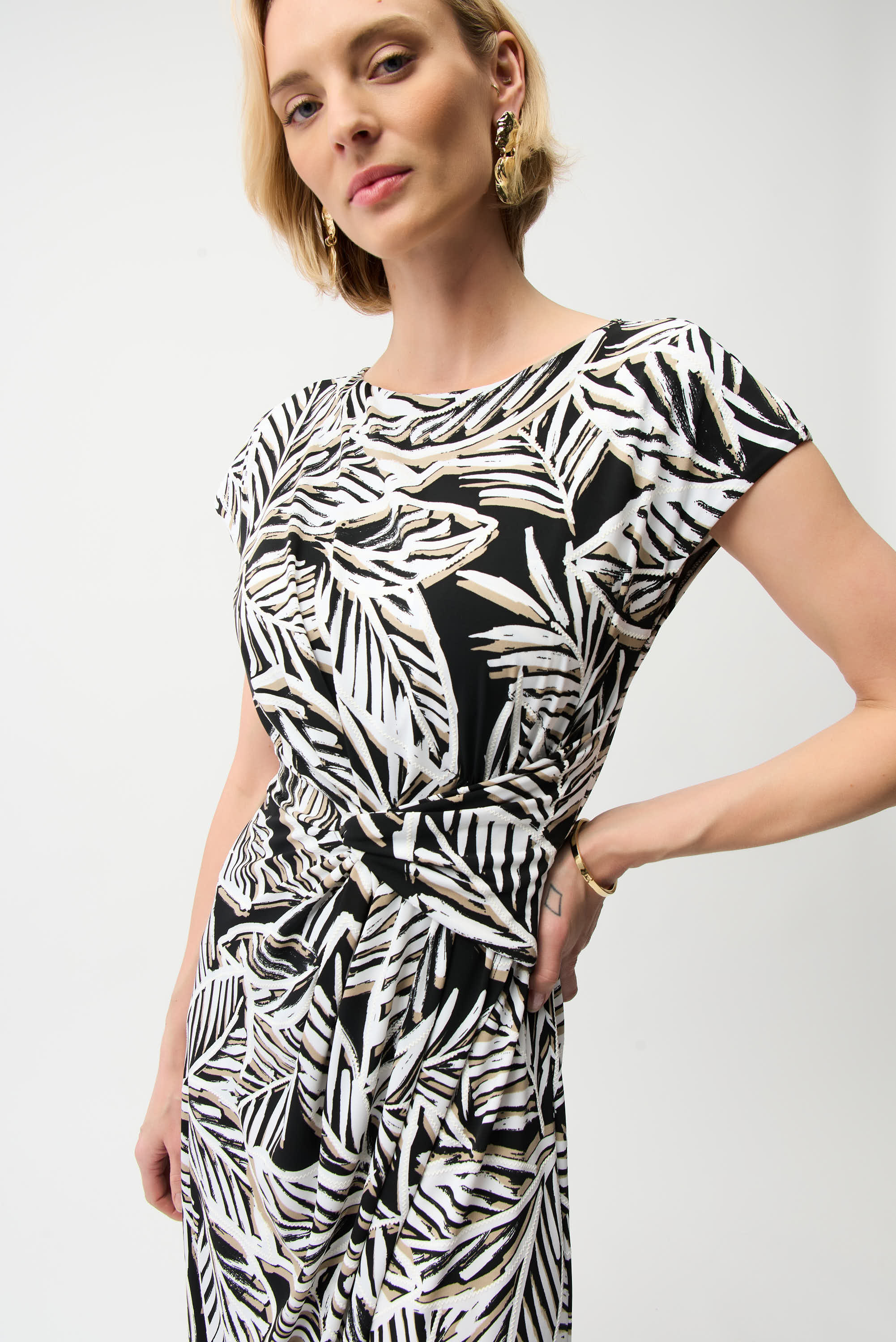 SILKY KNIT PRINT FIT AND FLARE DRESS WITH BOAT NECKLINE
