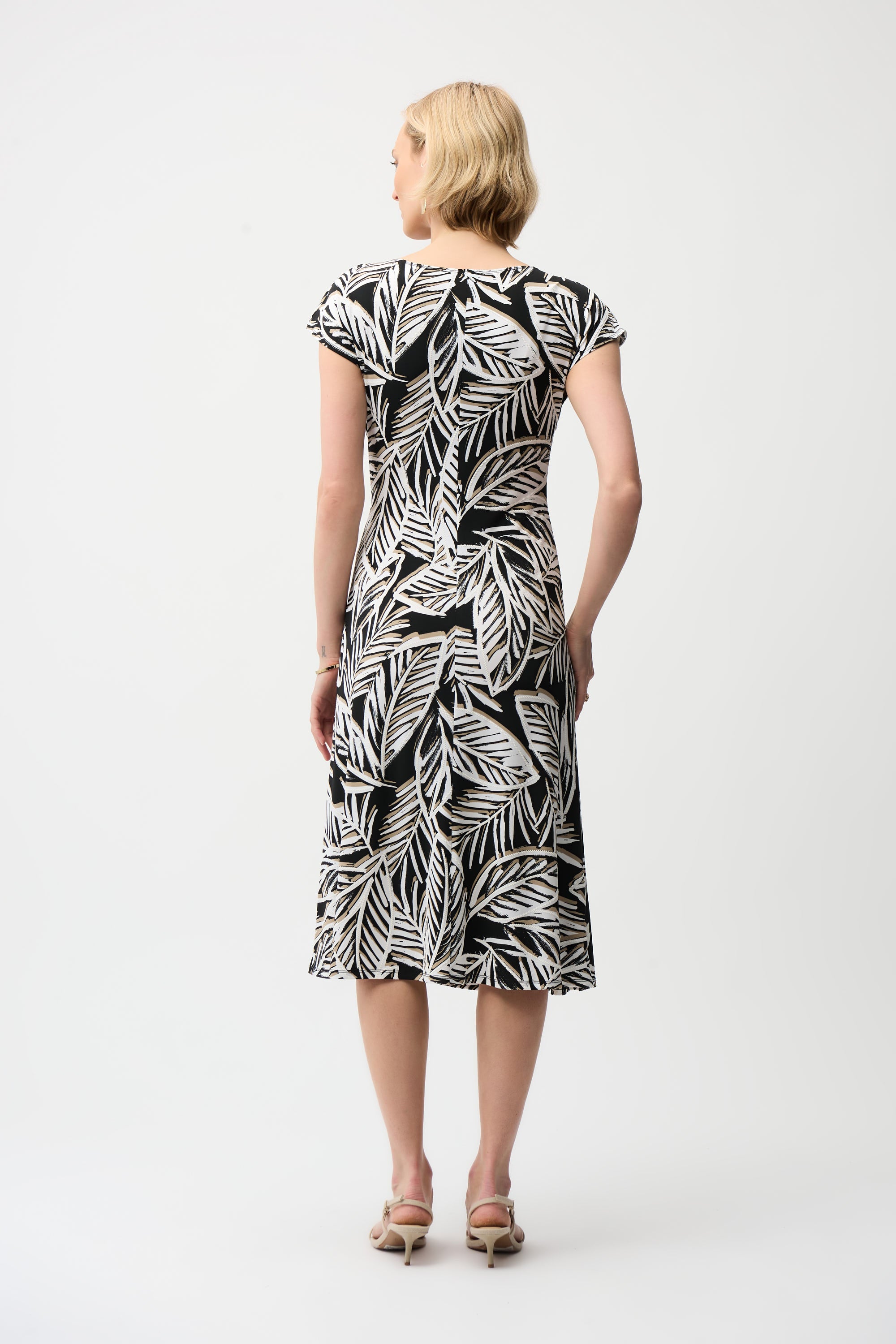 SILKY KNIT PRINT FIT AND FLARE DRESS WITH BOAT NECKLINE