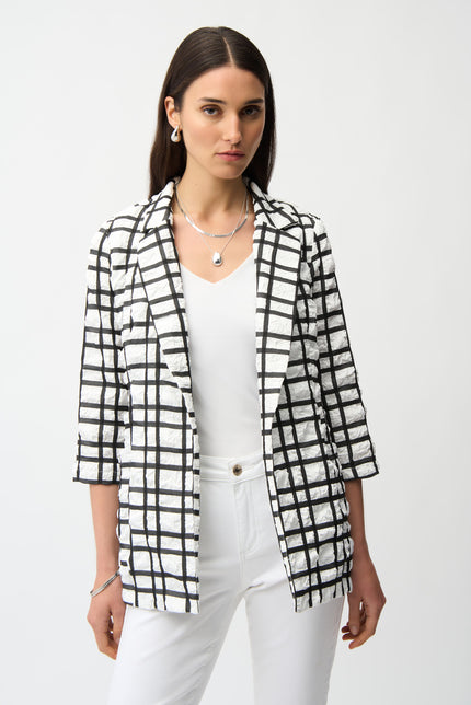 JACQUARD PLAID PRINT BOXY BLAZER WITH NOTCHED COLLAR