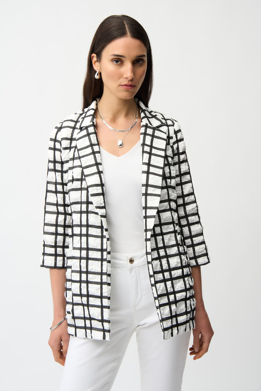 JACQUARD PLAID PRINT BOXY BLAZER WITH NOTCHED COLLAR