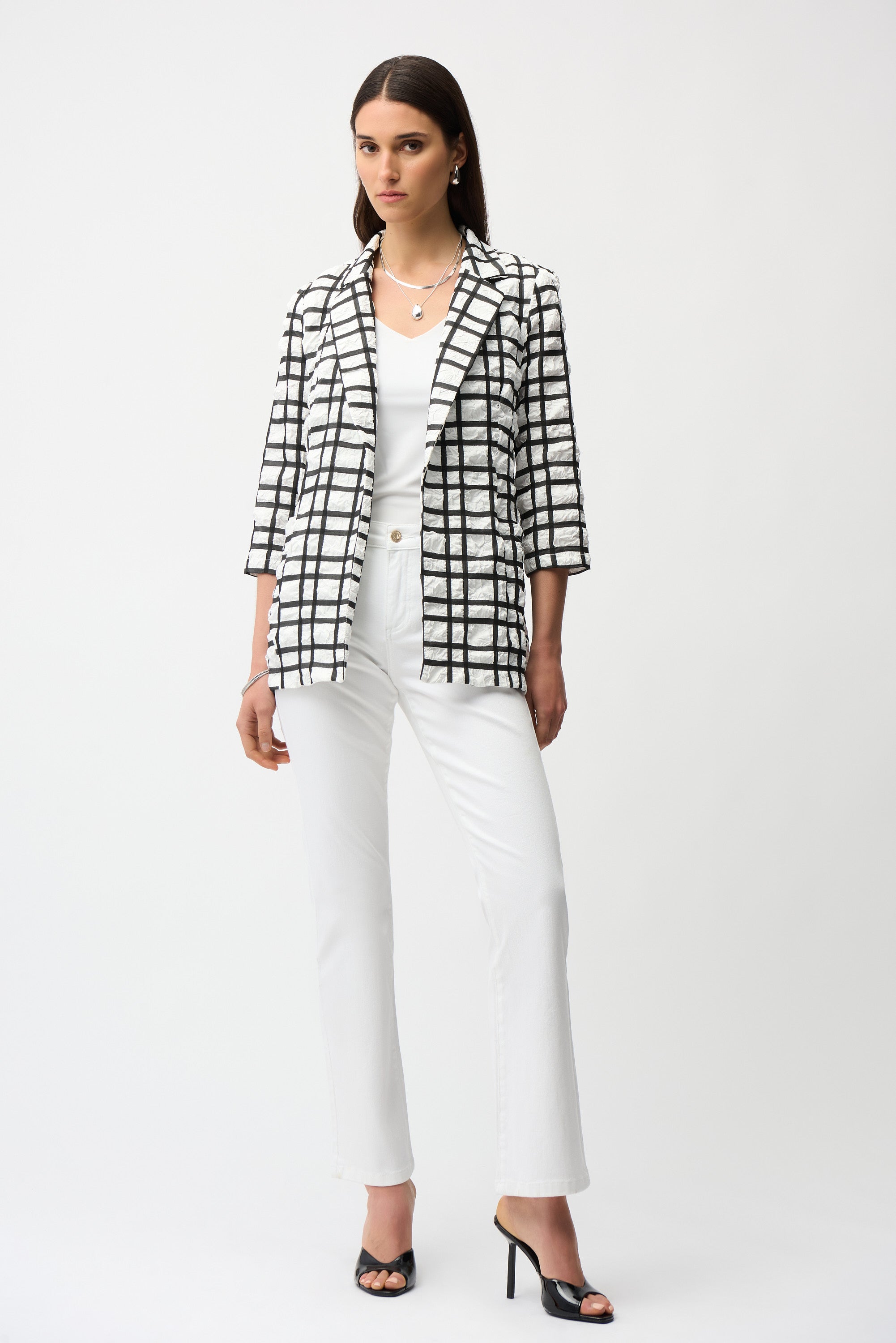 JACQUARD PLAID PRINT BOXY BLAZER WITH NOTCHED COLLAR