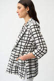 JACQUARD PLAID PRINT BOXY BLAZER WITH NOTCHED COLLAR