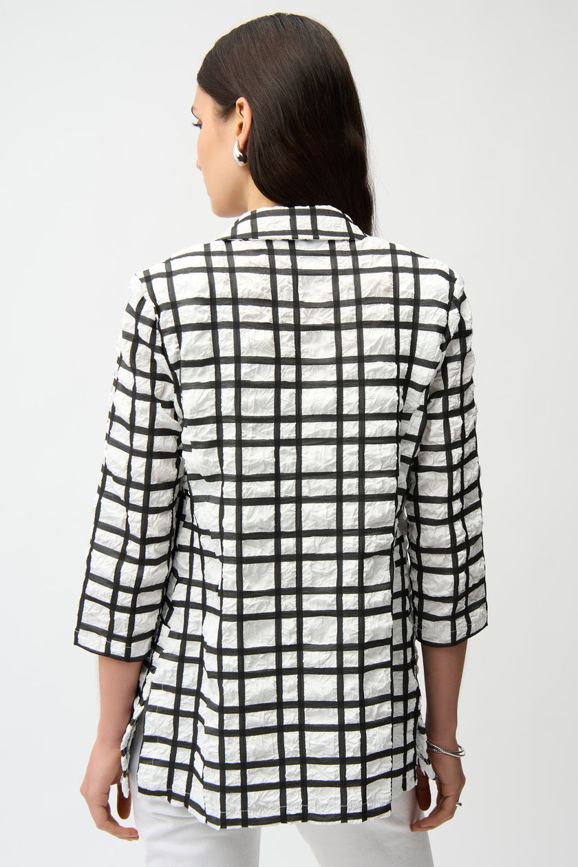 JACQUARD PLAID PRINT BOXY BLAZER WITH NOTCHED COLLAR