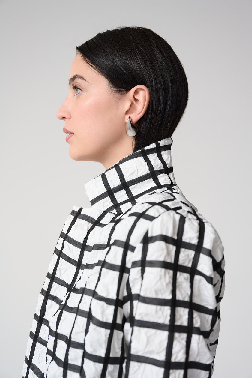 JACQUARD PLAID PRINT BOXY BLAZER WITH NOTCHED COLLAR