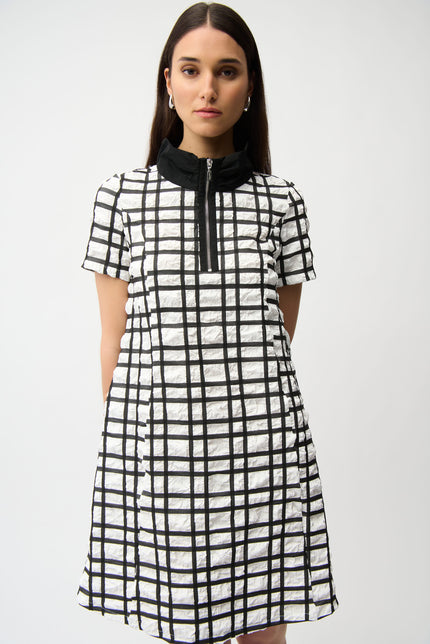 JACQUARD PLAID PRINT ALINE DRESS WITH CONTRAST DETAIL