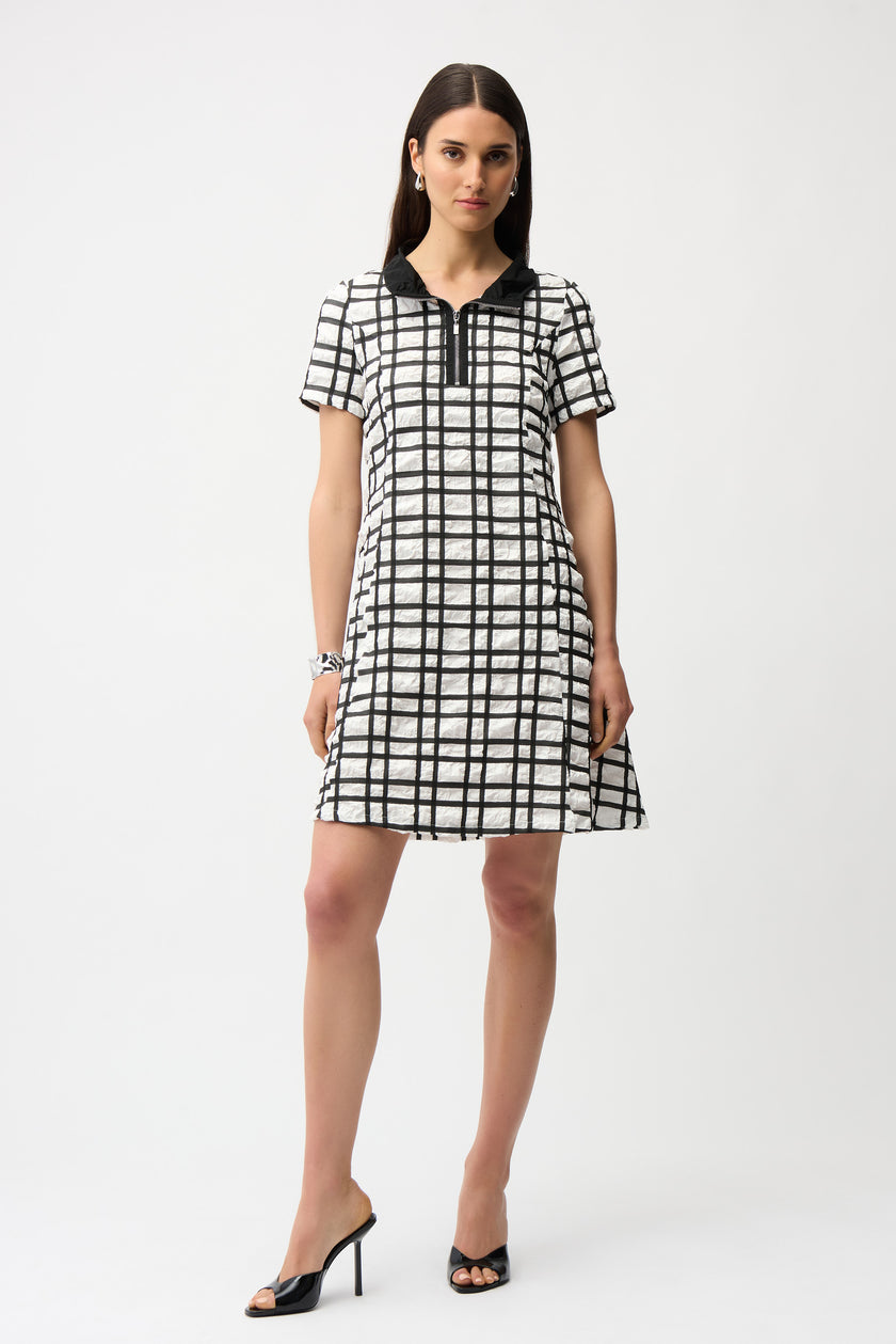 JACQUARD PLAID PRINT ALINE DRESS WITH CONTRAST DETAIL