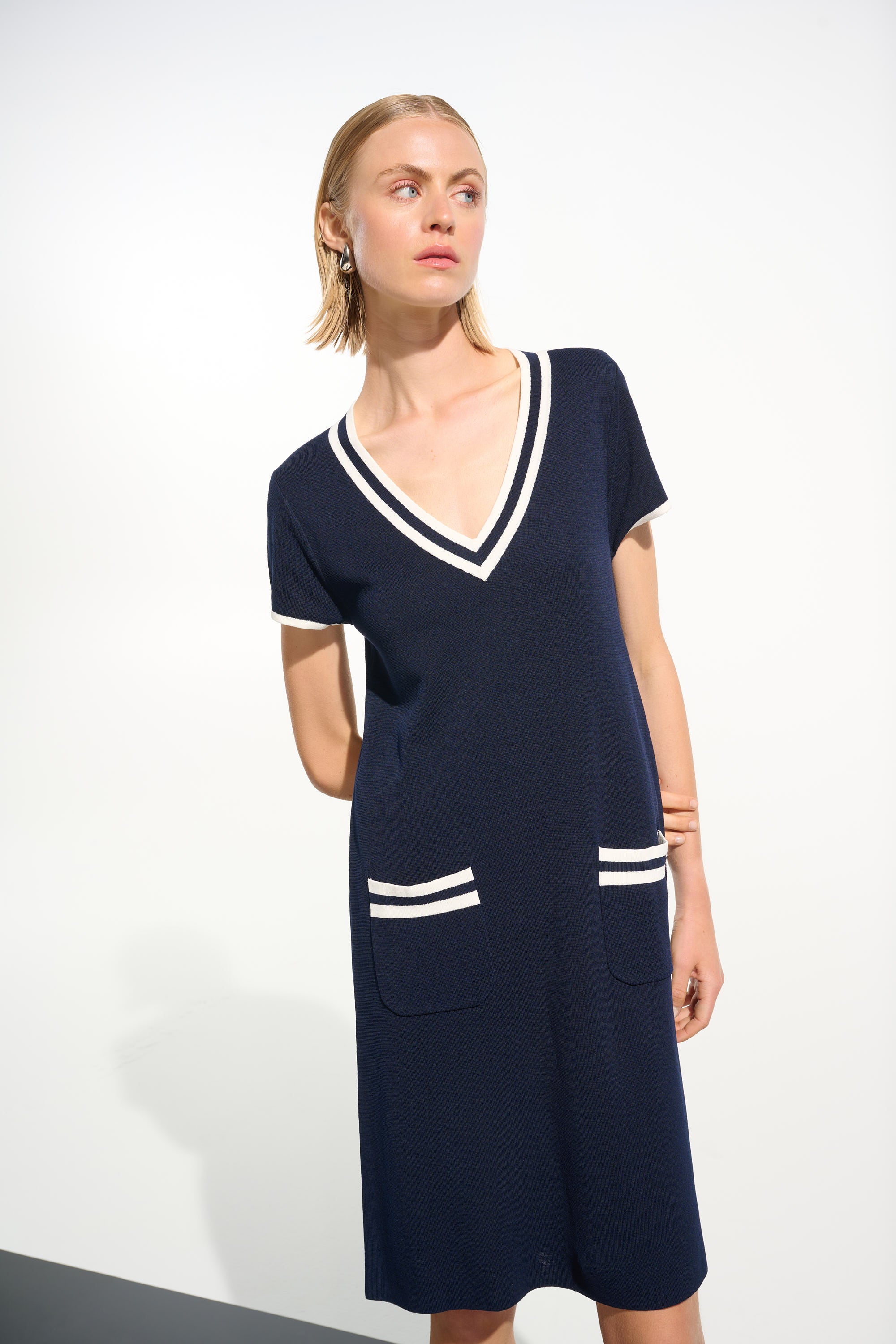 VISCOSE KNIT ALINE DRESS WITH RIB TRIM