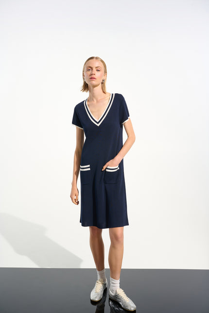 VISCOSE KNIT ALINE DRESS WITH RIB TRIM