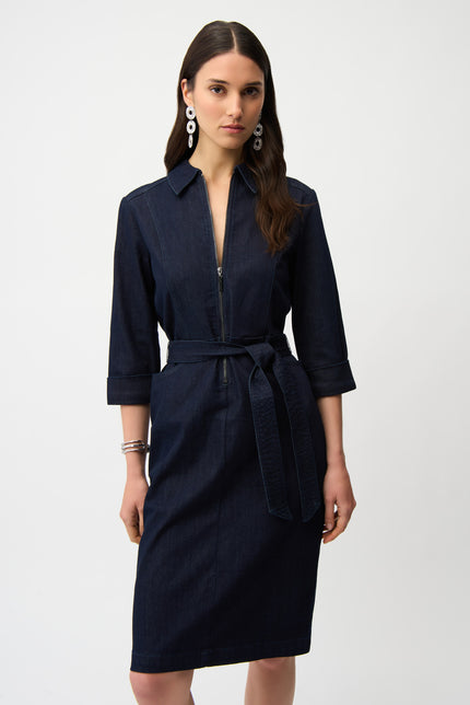 DENIM DRESS WITH HALF ZIP AND BELT