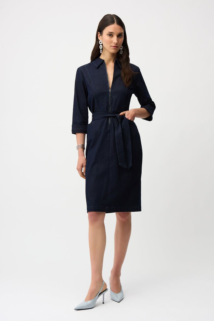 DENIM DRESS WITH HALF ZIP AND BELT