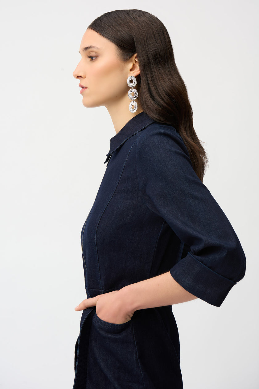 DENIM DRESS WITH HALF ZIP AND BELT