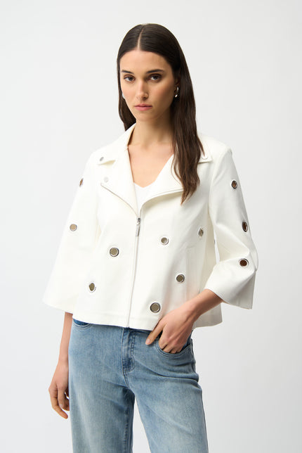 FOILED FAUX SUEDE SWING JACKET WITH GROMMETS