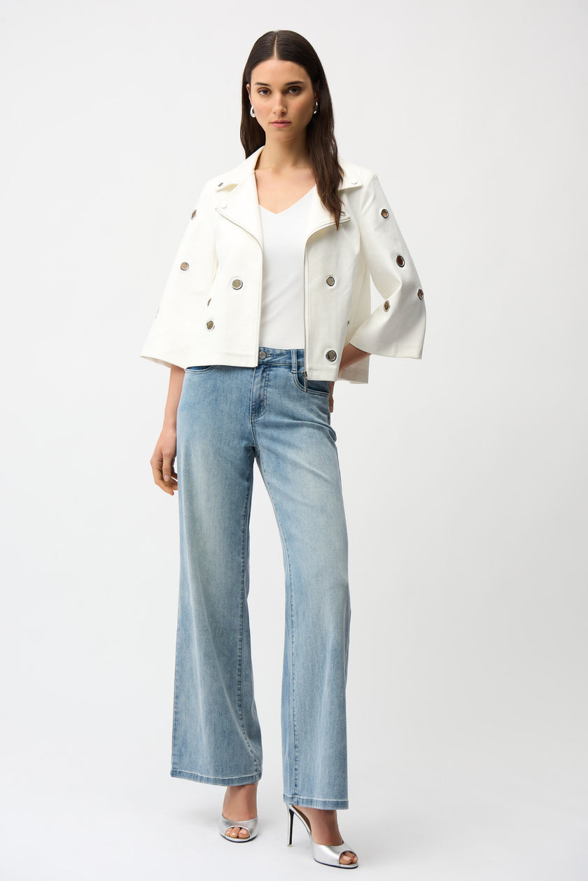 FOILED FAUX SUEDE SWING JACKET WITH GROMMETS
