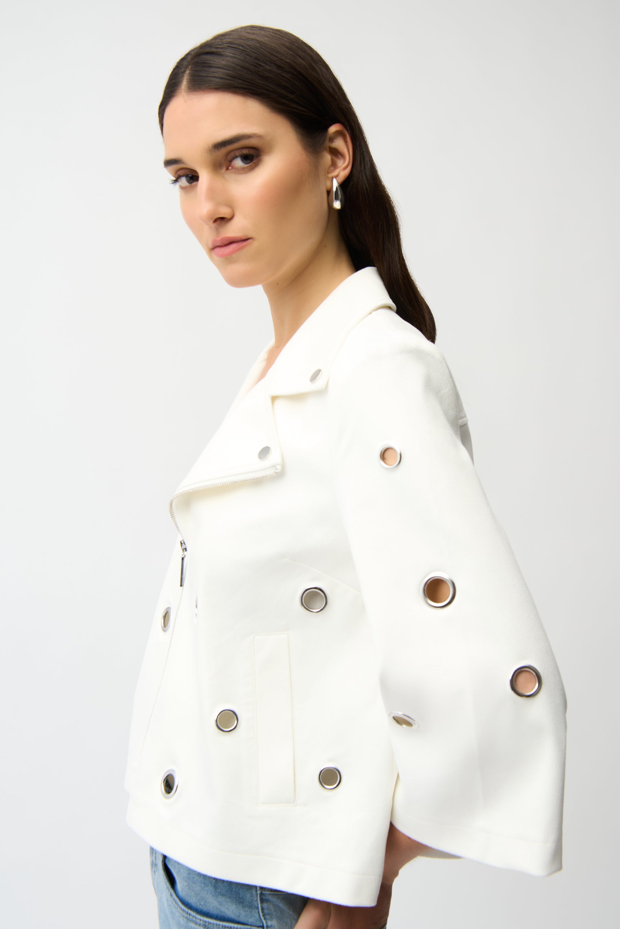 FOILED FAUX SUEDE SWING JACKET WITH GROMMETS