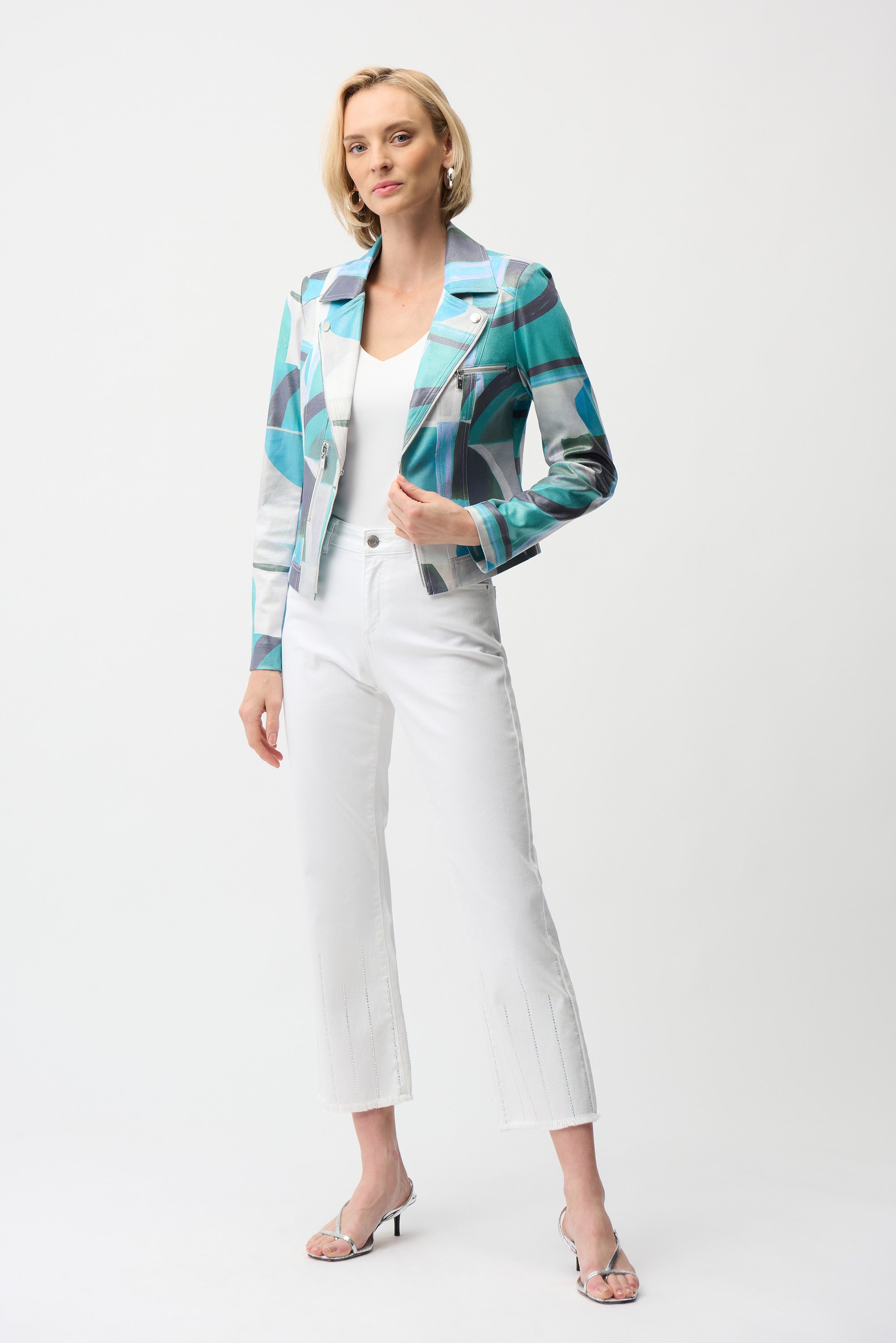 FOILED FAUX SUEDE GEOMETRIC PRINT FITTED JACKET