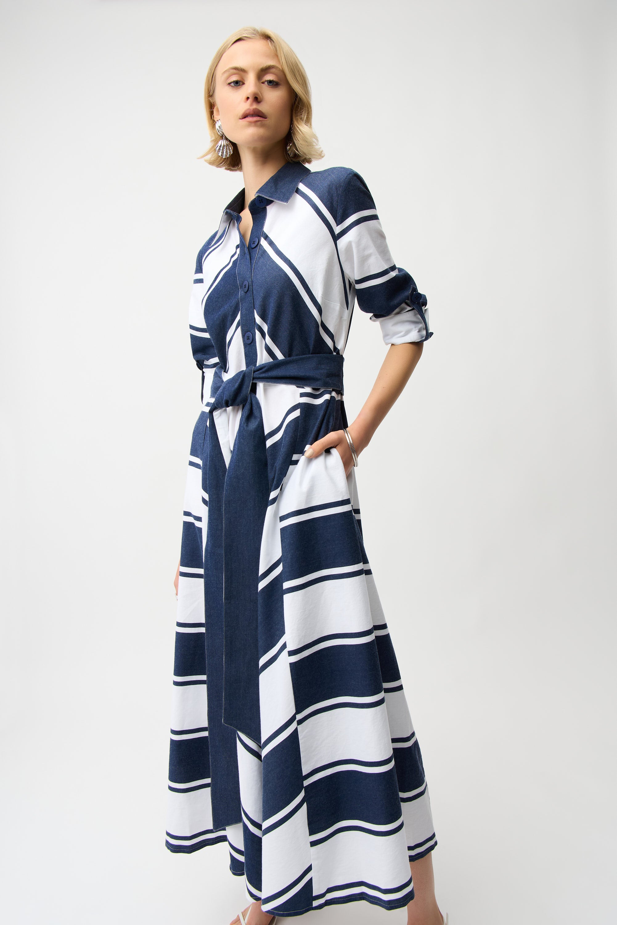 COTTON STRIPE PRINT FIT AND FLARE SHIRT DRESS