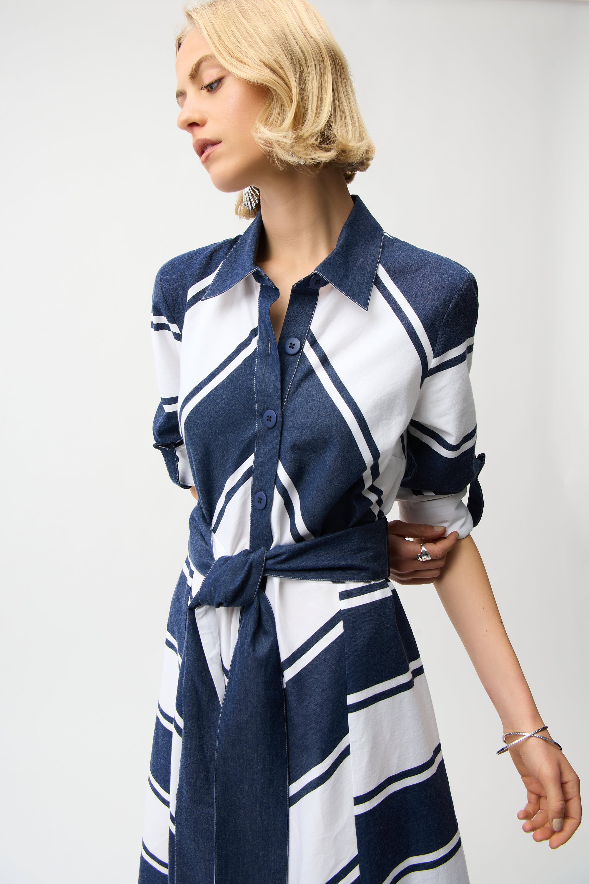COTTON STRIPE PRINT FIT AND FLARE SHIRT DRESS
