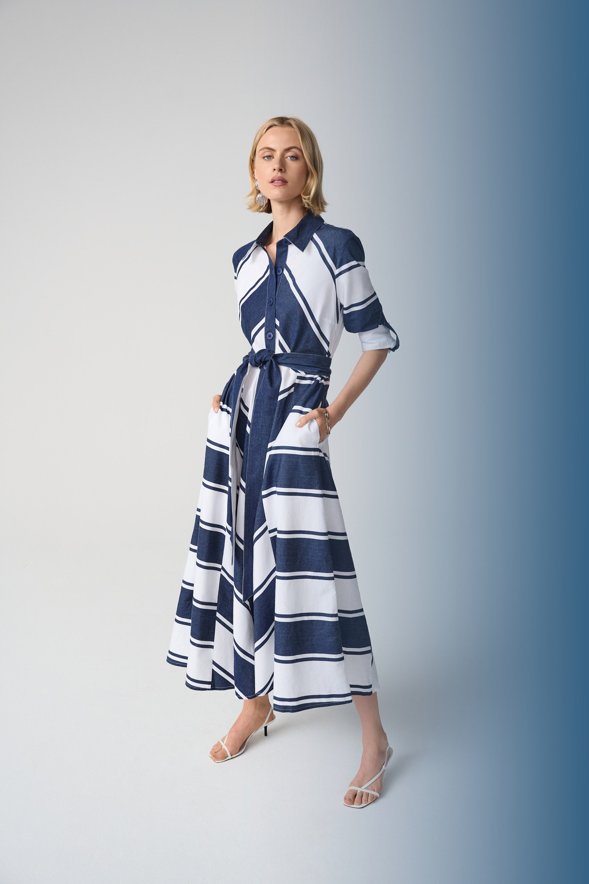 COTTON STRIPE PRINT FIT AND FLARE SHIRT DRESS