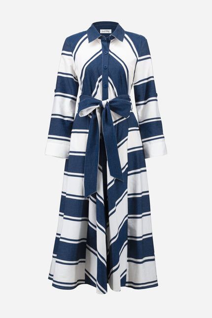 COTTON STRIPE PRINT FIT AND FLARE SHIRT DRESS