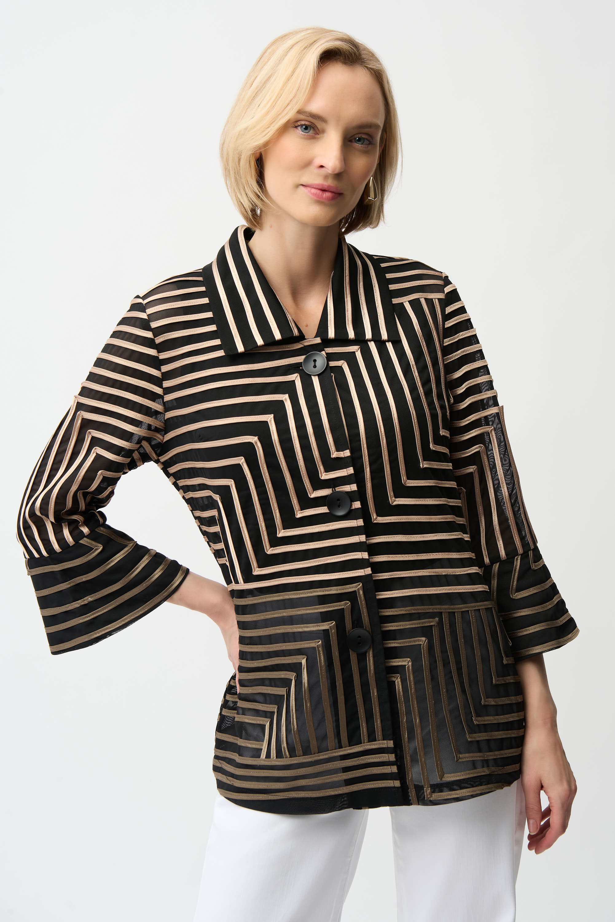 SATIN AND MESH JACKET ABSTRACT PRINT JACKET WITH BELL SLEEVE