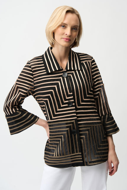 SATIN AND MESH JACKET ABSTRACT PRINT JACKET WITH BELL SLEEVE