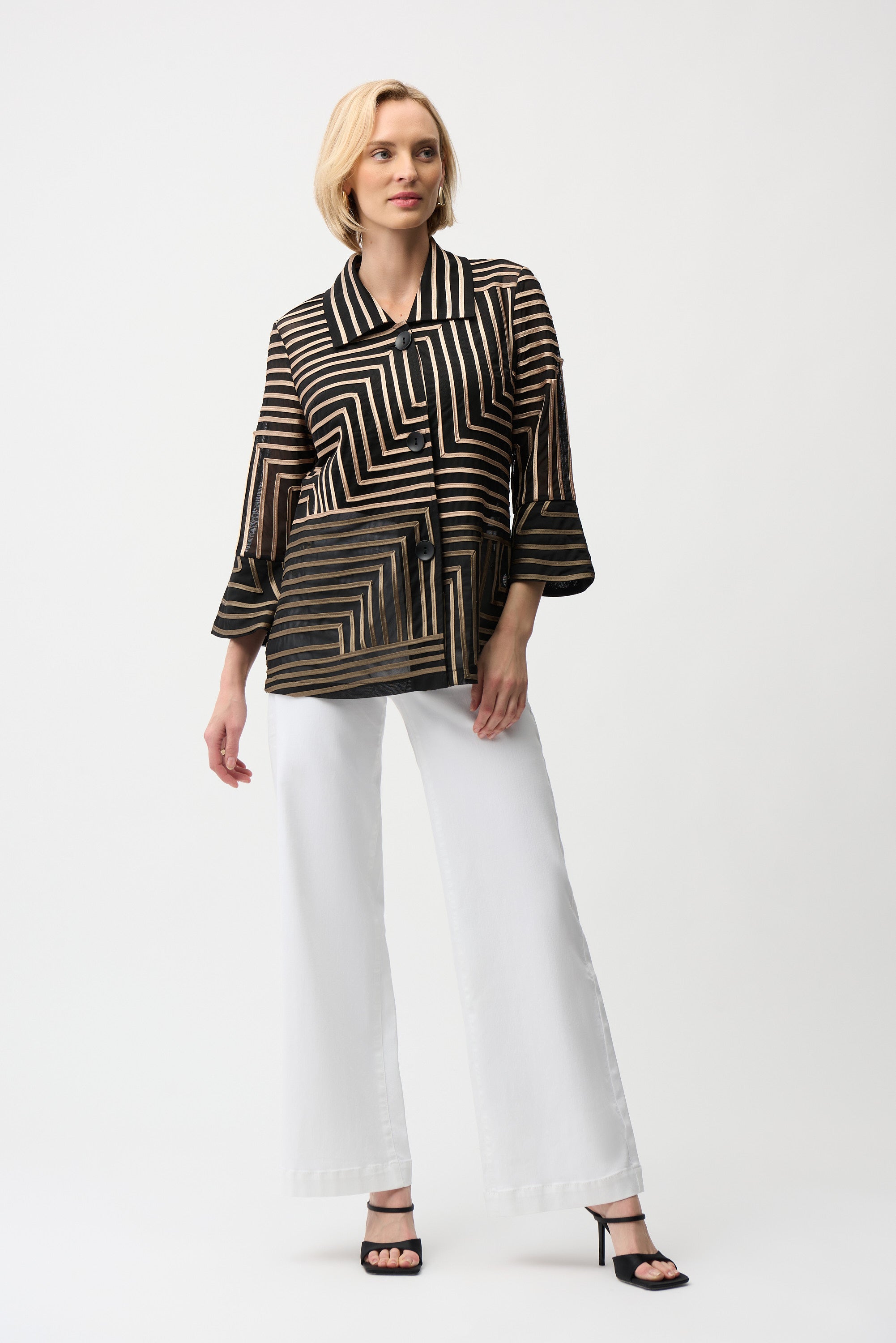 SATIN AND MESH JACKET ABSTRACT PRINT JACKET WITH BELL SLEEVE