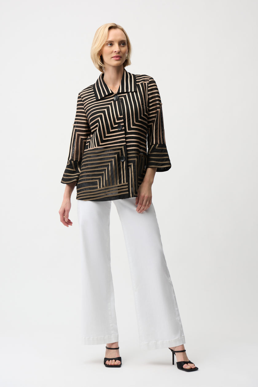 SATIN AND MESH JACKET ABSTRACT PRINT JACKET WITH BELL SLEEVE