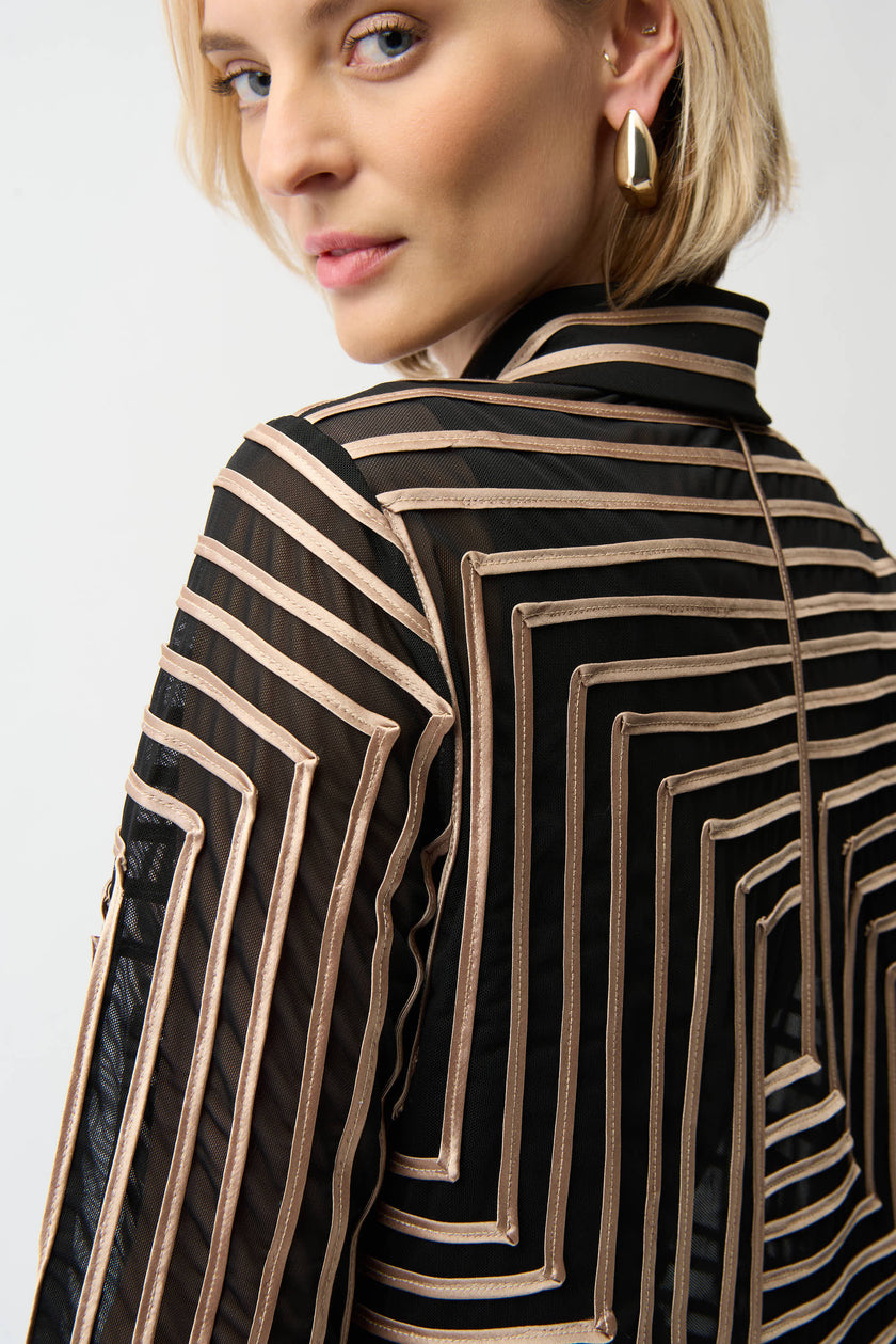 SATIN AND MESH JACKET ABSTRACT PRINT JACKET WITH BELL SLEEVE