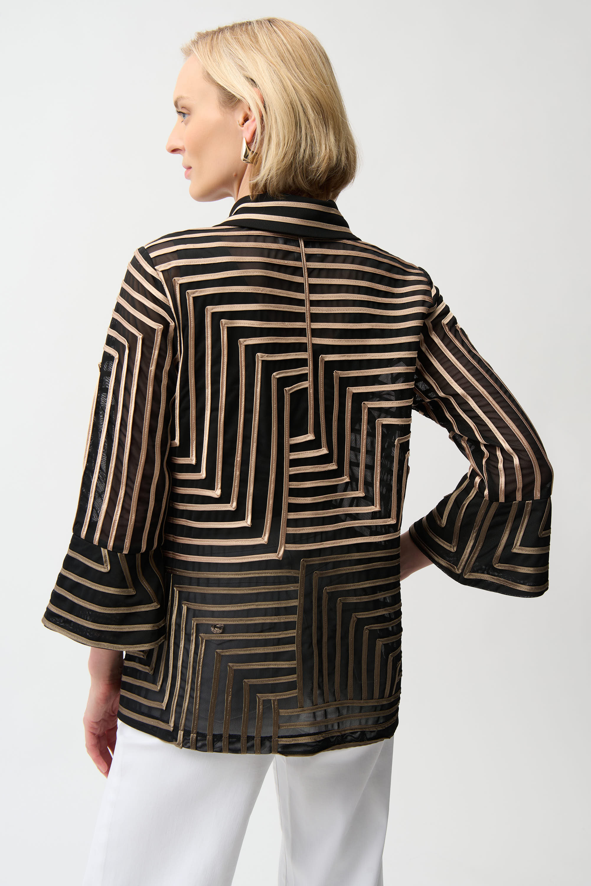 SATIN AND MESH JACKET ABSTRACT PRINT JACKET WITH BELL SLEEVE