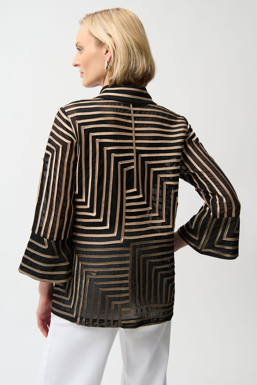 SATIN AND MESH JACKET ABSTRACT PRINT JACKET WITH BELL SLEEVE