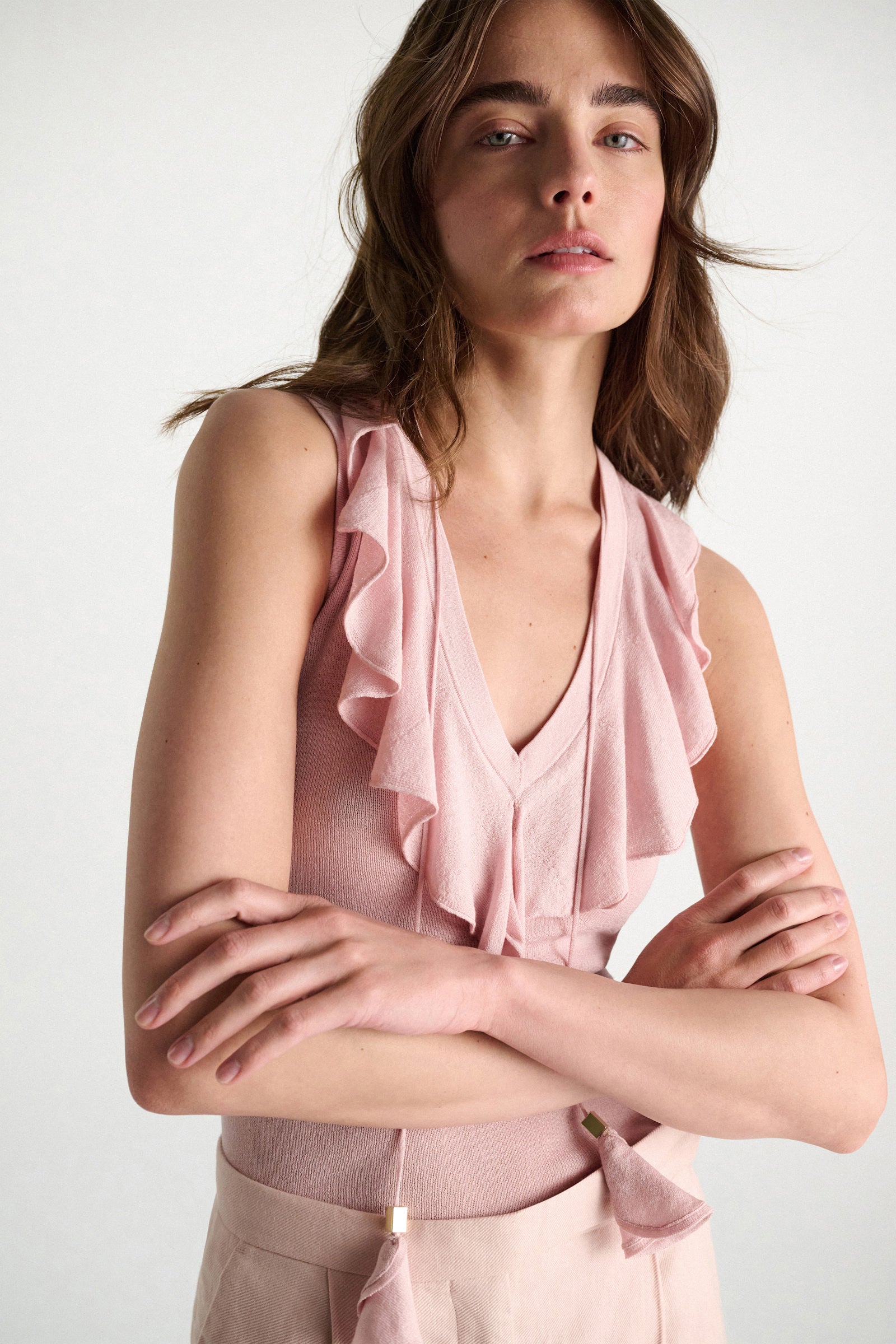 REFINED ESSENTIALS LACE FRONT SLEEVELESS KNIT TOP