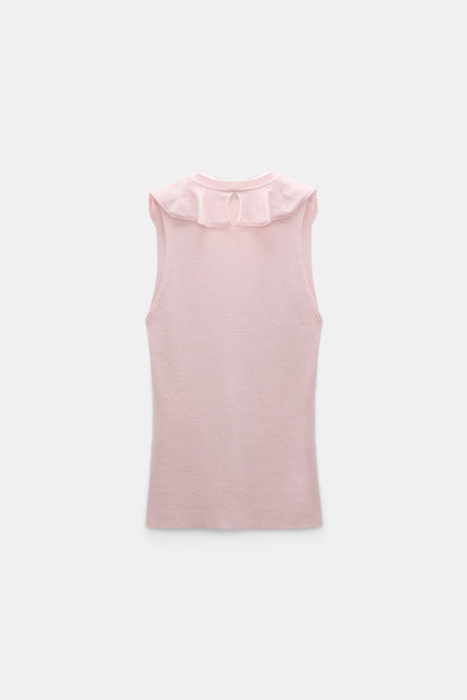 REFINED ESSENTIALS LACE FRONT SLEEVELESS KNIT TOP