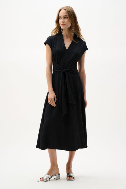 WOVEN SEERSUCKER FIT AND FLARE DRESS