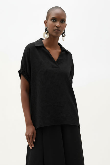 WOVEN GAUZE BOXY TOP WITH SHIRRED SLEEVES