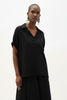 WOVEN GAUZE BOXY TOP WITH SHIRRED SLEEVES
