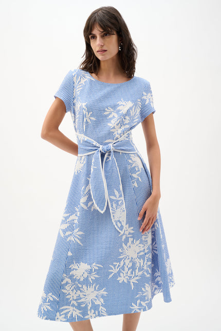 WOVEN SEERSUCKER FLORAL PRINT FIT AND FLARE DRESS