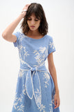WOVEN SEERSUCKER FLORAL PRINT FIT AND FLARE DRESS