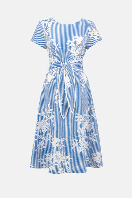 WOVEN SEERSUCKER FLORAL PRINT FIT AND FLARE DRESS