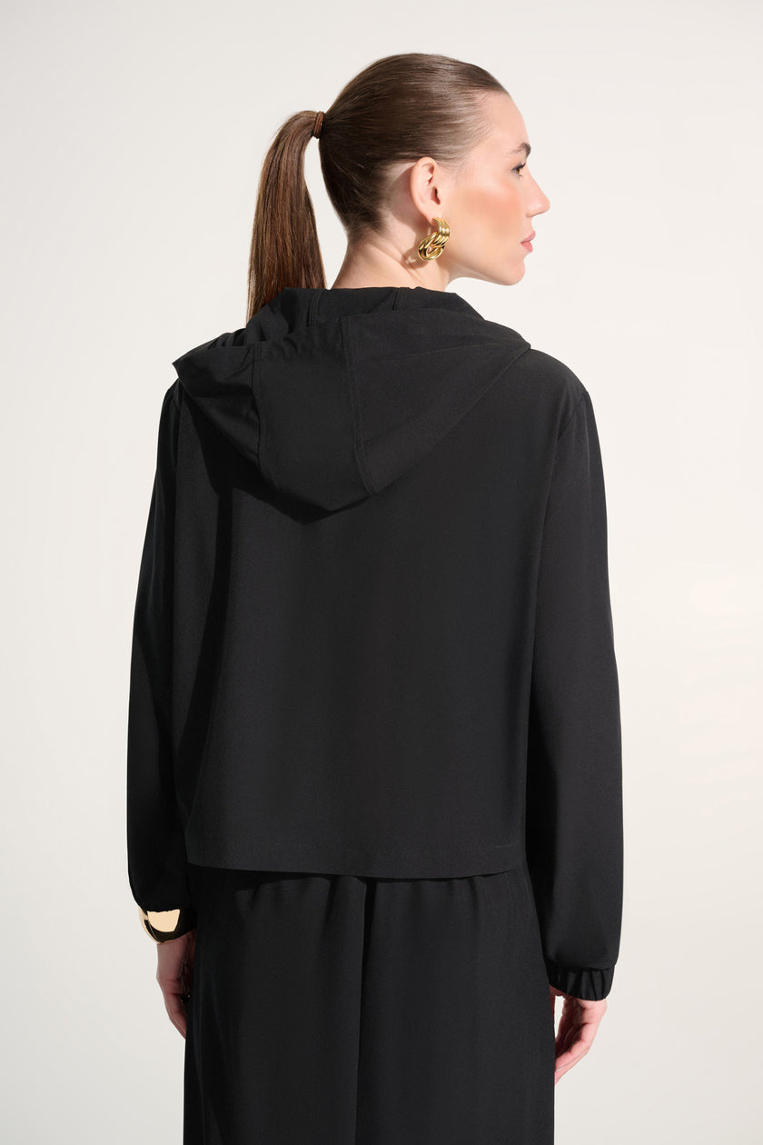 STRETCH WOVEN HOODED BOXY UTILITY JACKET