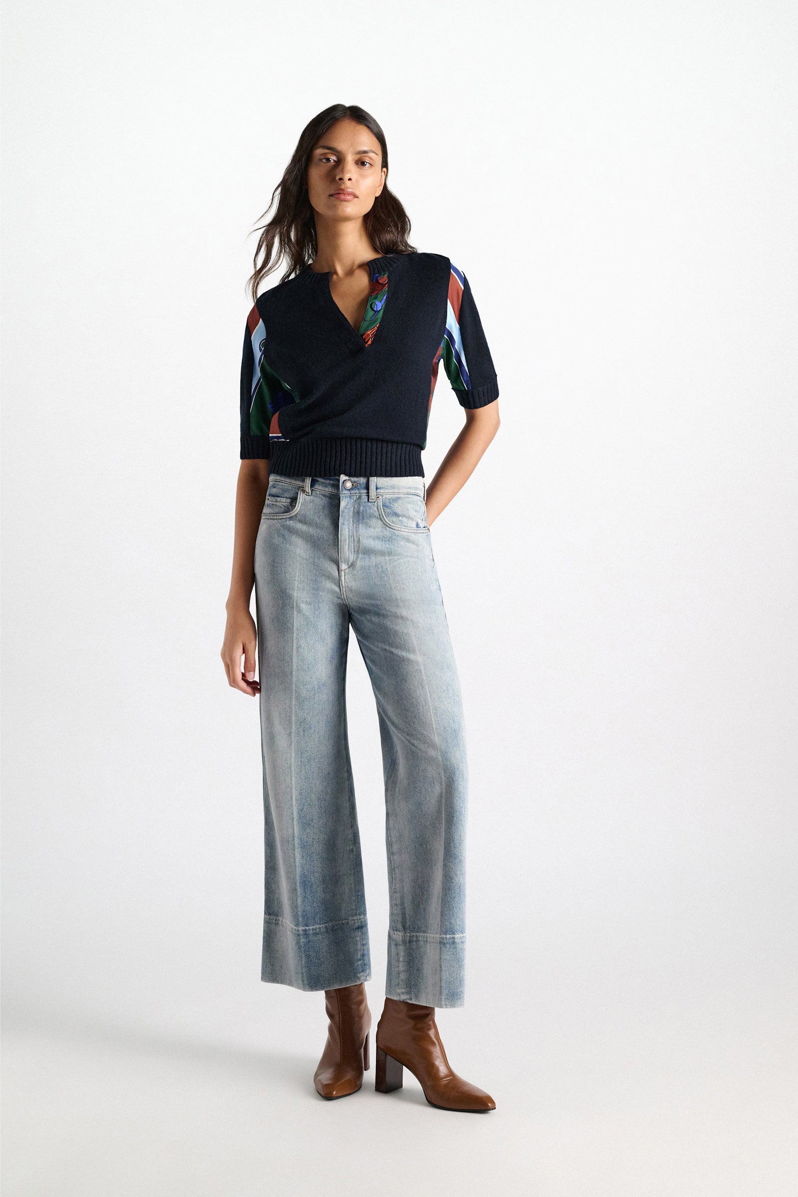 FOULARD STATEMENTS MERINO CASHMERE PATCHWORK TOP PULLOVER