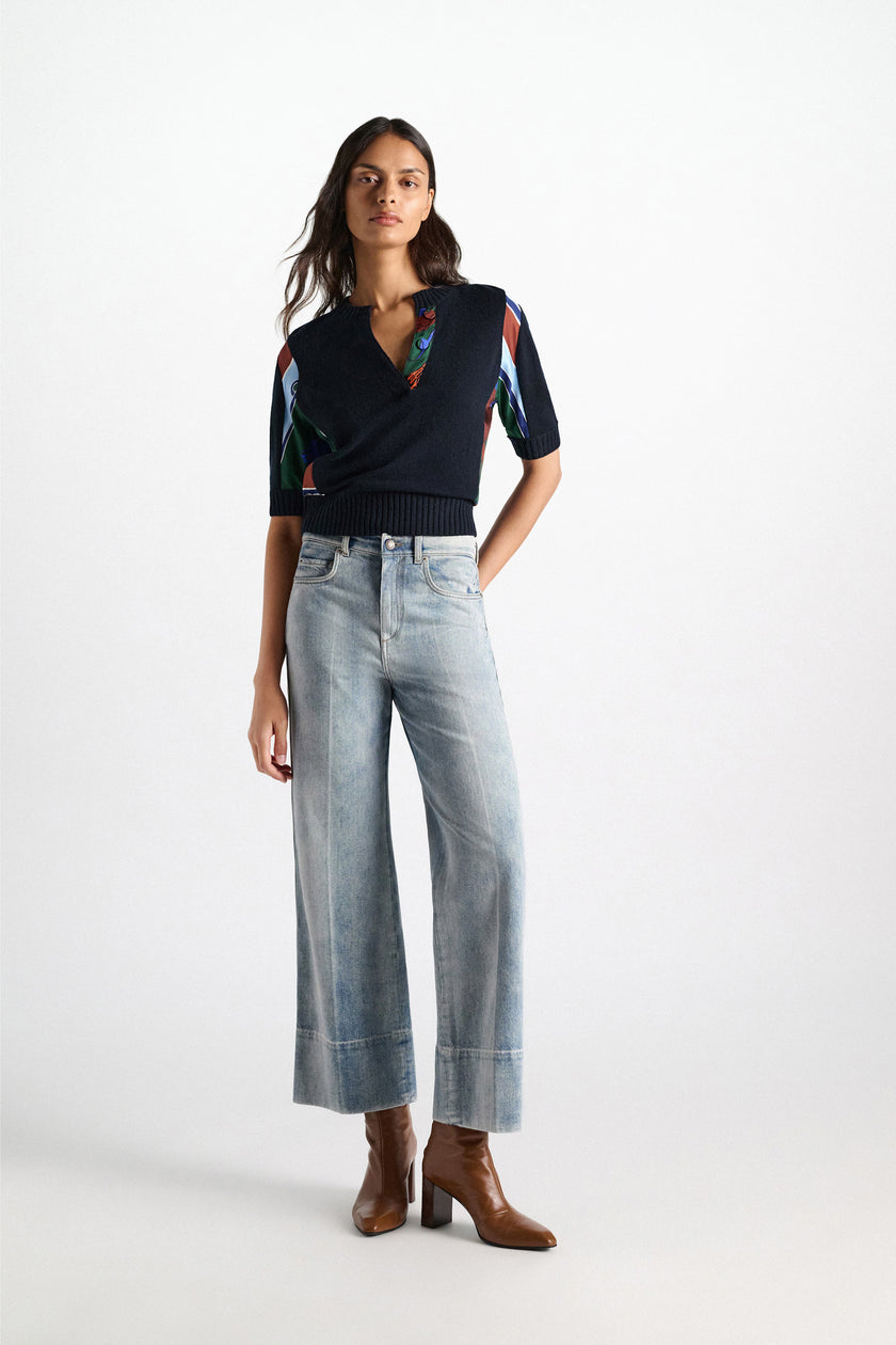 FOULARD STATEMENTS MERINO CASHMERE PATCHWORK TOP PULLOVER