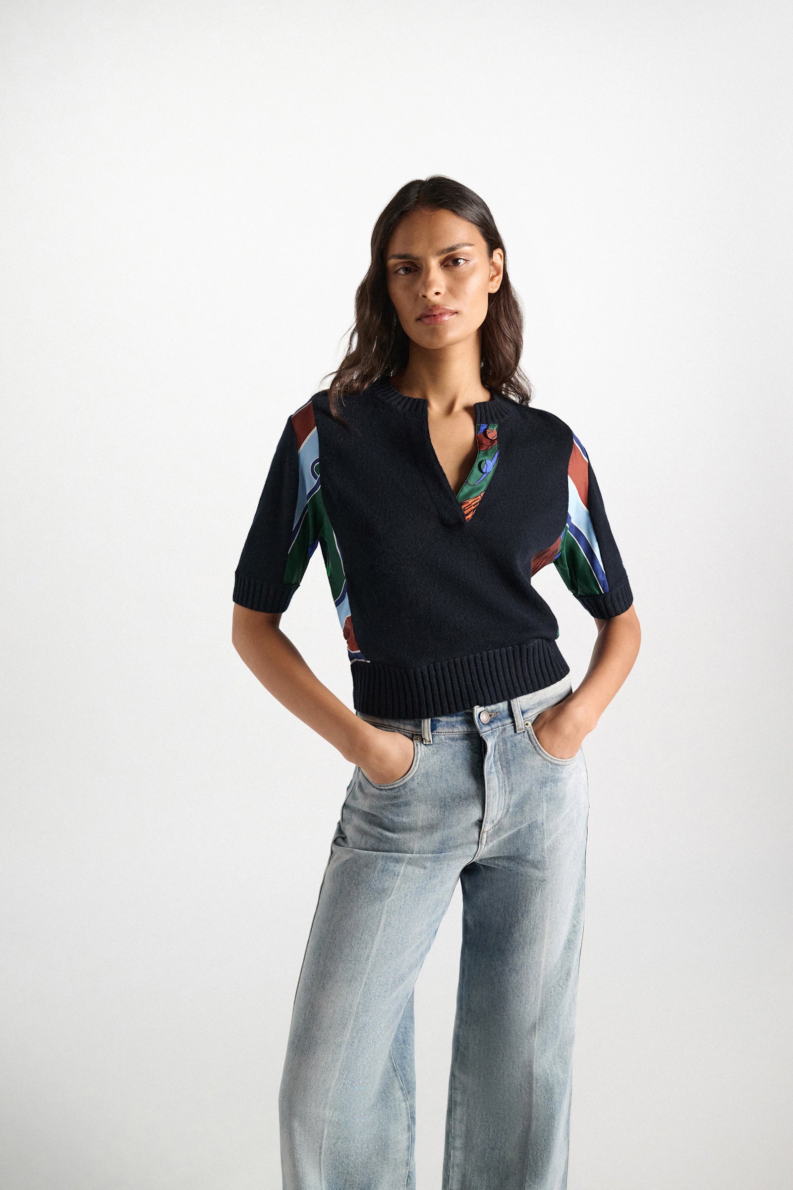 FOULARD STATEMENTS MERINO CASHMERE PATCHWORK TOP PULLOVER