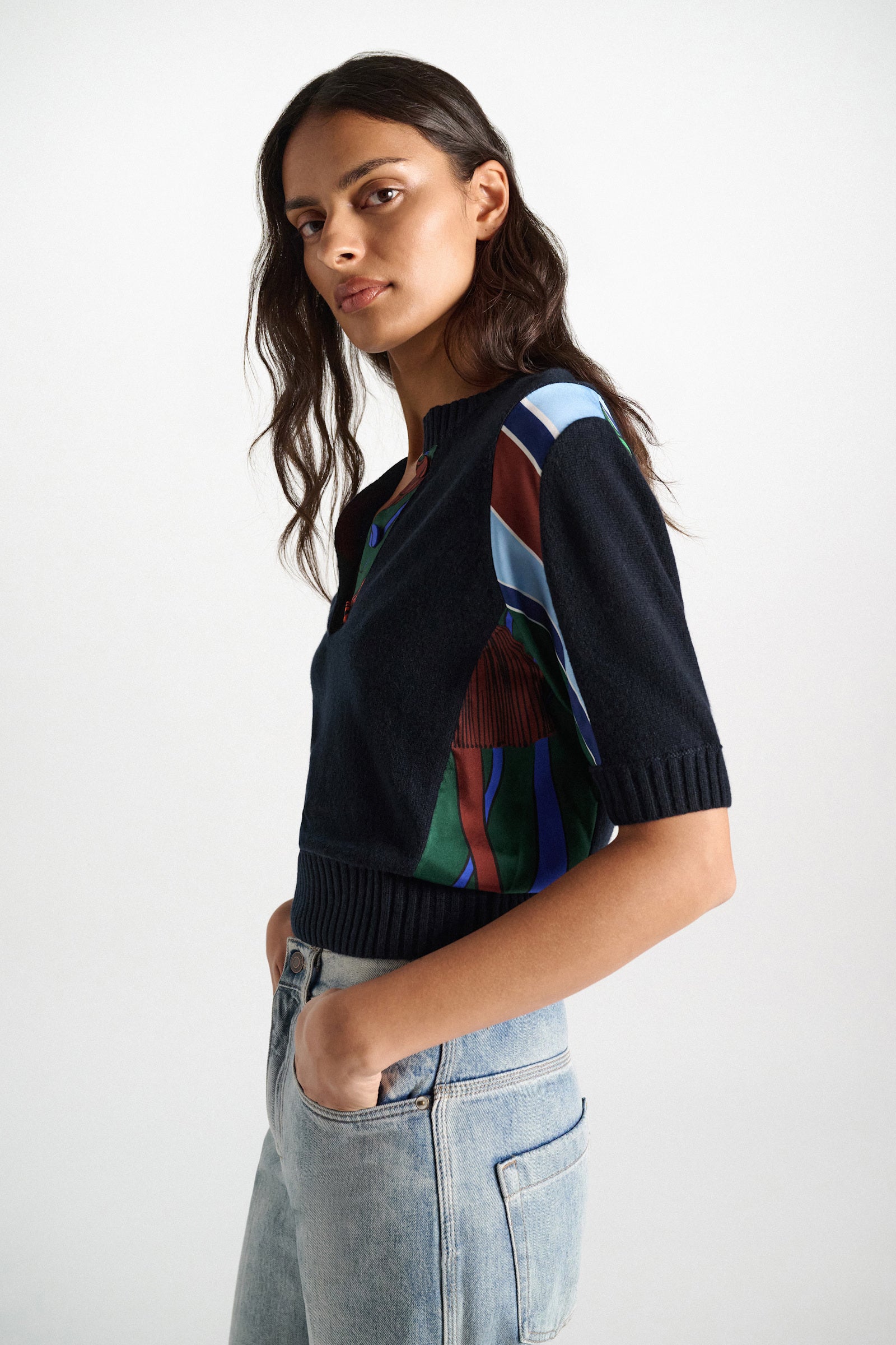 FOULARD STATEMENTS MERINO CASHMERE PATCHWORK TOP PULLOVER