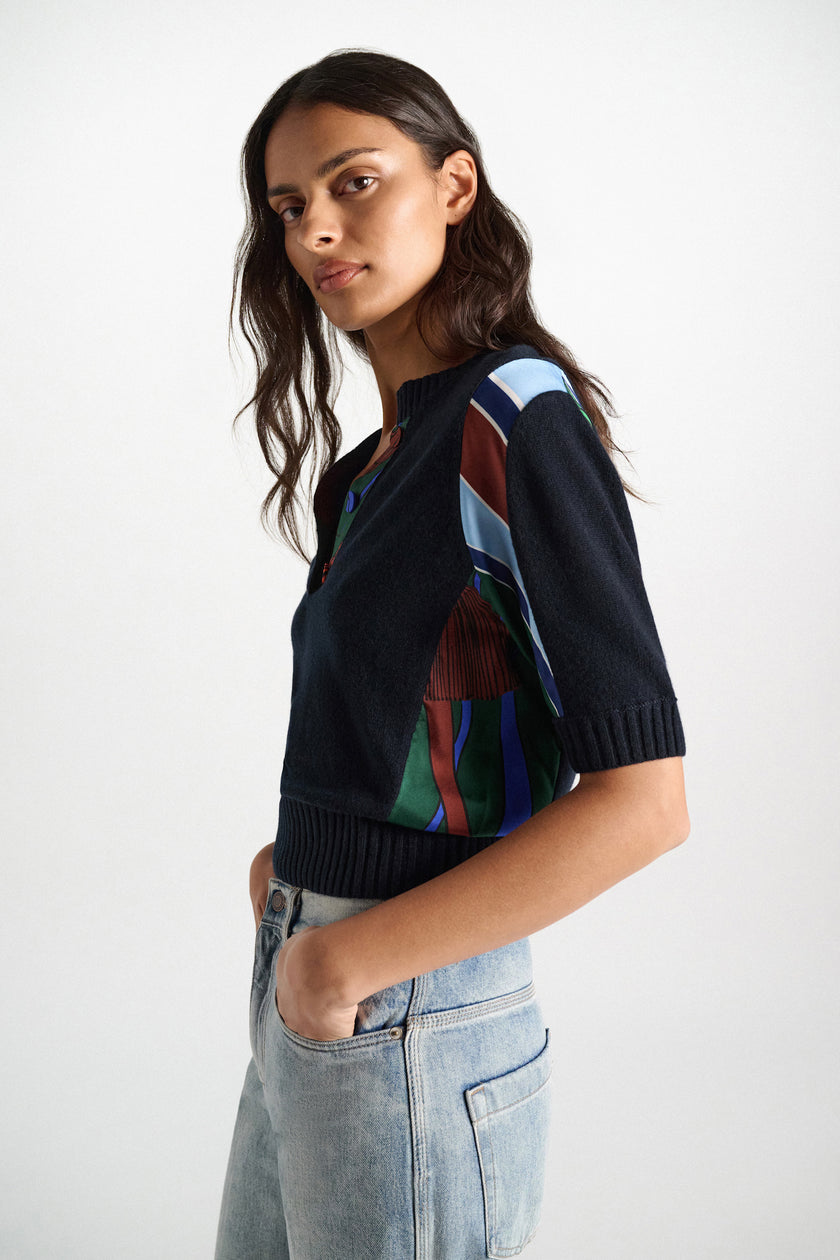 FOULARD STATEMENTS MERINO CASHMERE PATCHWORK TOP PULLOVER