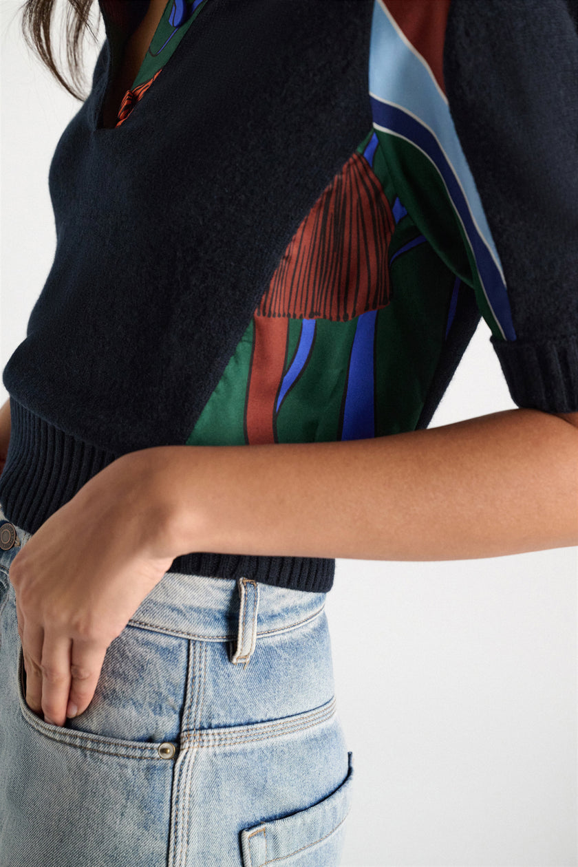 FOULARD STATEMENTS MERINO CASHMERE PATCHWORK TOP PULLOVER