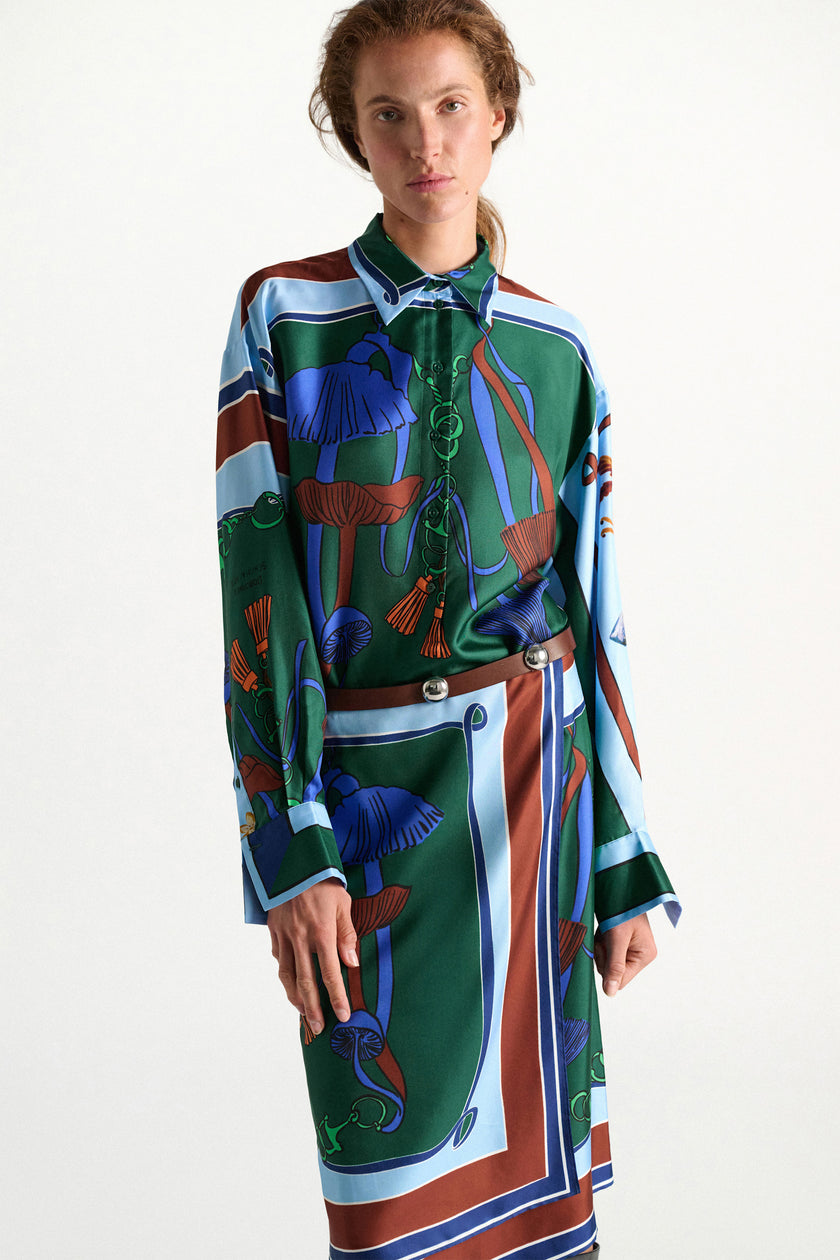 COSMIC FUNGHI OVERSIZED PRINTED SILK TWILL BLOUSE