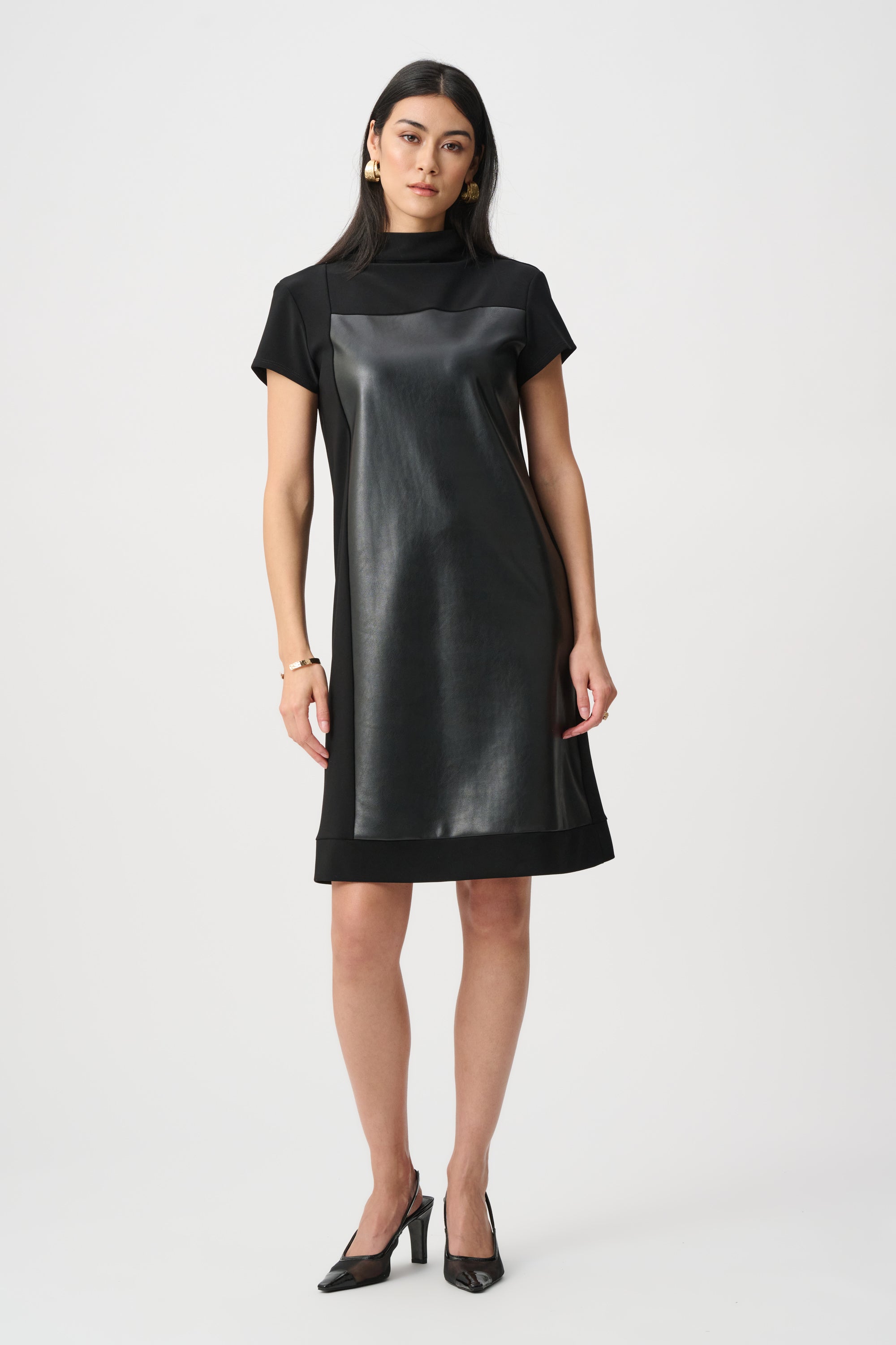 LEATHERETTE AND SILKY KNIT MOCK NECK STRAIGHT DRESS
