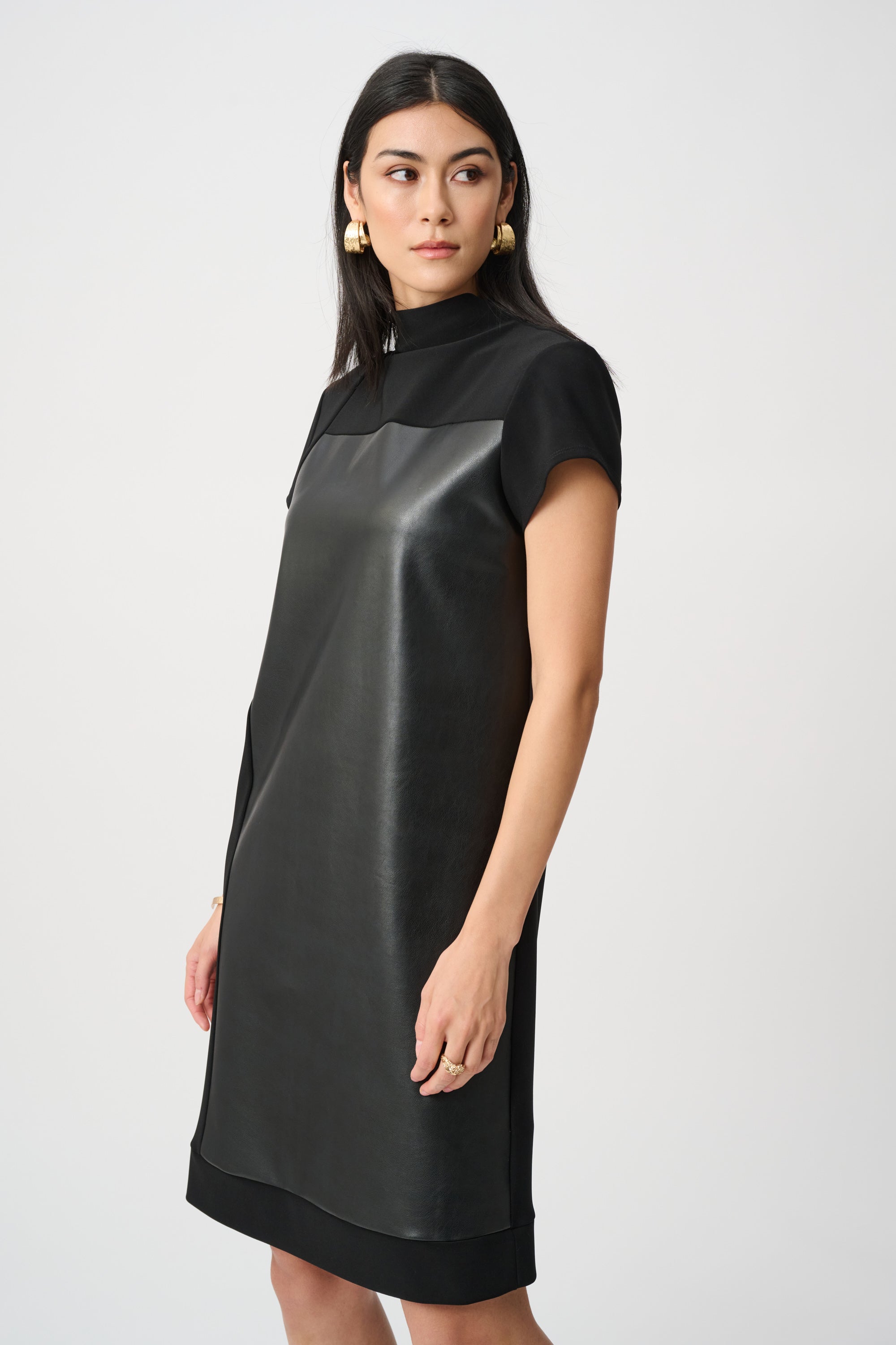 LEATHERETTE AND SILKY KNIT MOCK NECK STRAIGHT DRESS